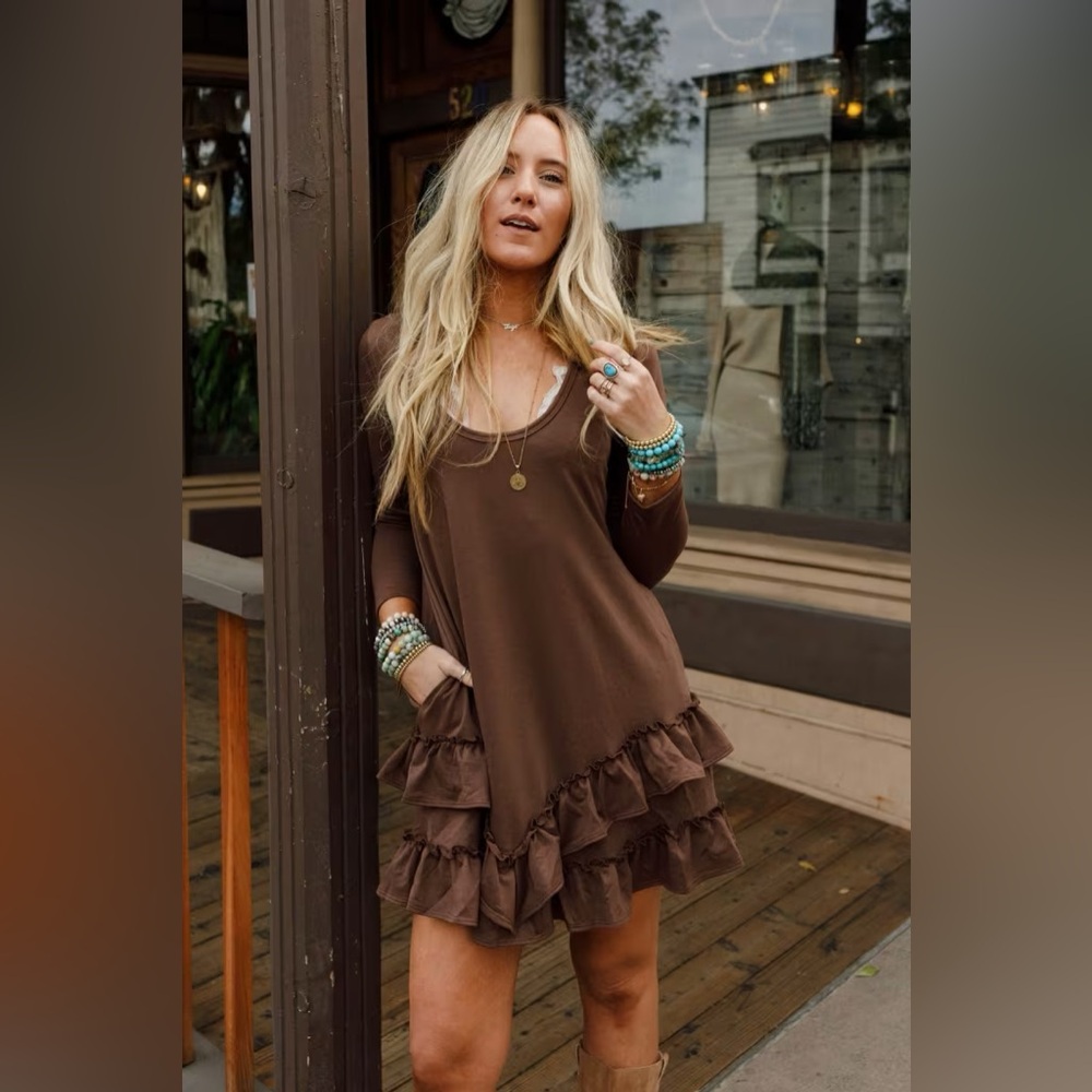 The Nest Constance Ruffle Hem Long Sleeve Dress - Khaki